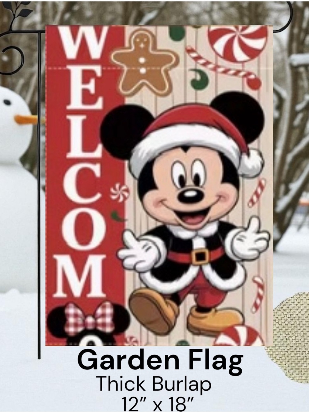 Christmas Garden Flag Mickey Mouse approx12x18 inch, burlap